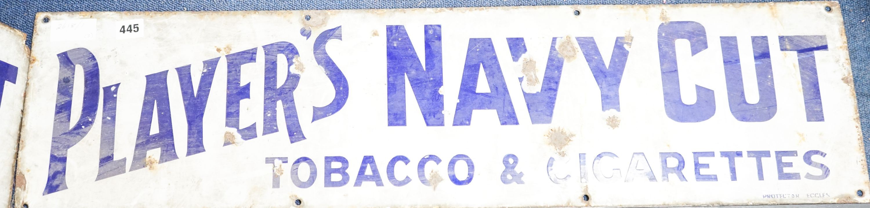 Three enamel advertising signs, 'Players navy Cut' and 'Weights', widest 91 cm